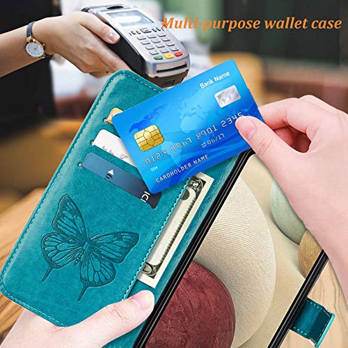 A12 Phone Case Wallet,for Galaxy A12 Case,[Kickstand][Wrist Strap][Card Holder Slots] Butterfly Floral Embossed PU Leather Flip Protective Cover for Samsung A12 Case (Blue)