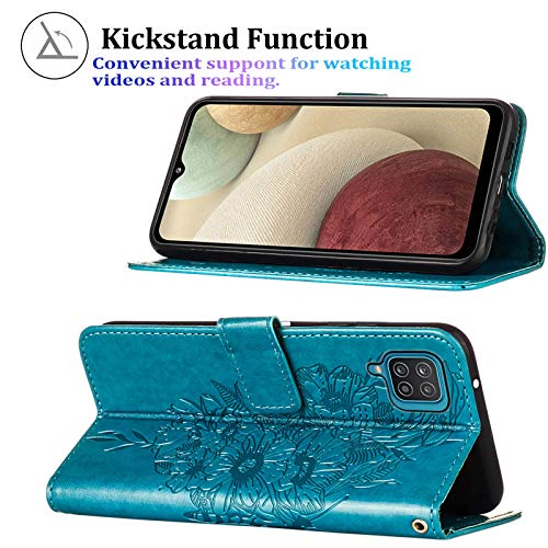 A12 Phone Case Wallet,for Galaxy A12 Case,[Kickstand][Wrist Strap][Card Holder Slots] Butterfly Floral Embossed PU Leather Flip Protective Cover for Samsung A12 Case (Blue)