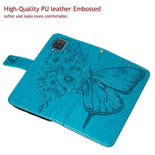 A12 Phone Case Wallet,for Galaxy A12 Case,[Kickstand][Wrist Strap][Card Holder Slots] Butterfly Floral Embossed PU Leather Flip Protective Cover for Samsung A12 Case (Blue)