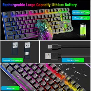 Wireless Gaming Keyboard and Mouse Combo with 87 Key Rainbow LED Backlight Rechargeable 3800mAh Battery Mechanical Feel Anti-ghosting Ergonomic Waterproof RGB Mute Mice for Computer PC Gamer (Black)