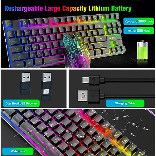 Wireless Gaming Keyboard and Mouse Combo with 87 Key Rainbow LED Backlight Rechargeable 3800mAh Battery Mechanical Feel Anti-ghosting Ergonomic Waterproof RGB Mute Mice for Computer PC Gamer (Black)