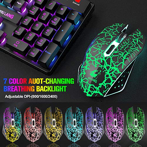 Wireless Gaming Keyboard and Mouse Combo with 87 Key Rainbow LED Backlight Rechargeable 3800mAh Battery Mechanical Feel Anti-ghosting Ergonomic Waterproof RGB Mute Mice for Computer PC Gamer (Black)