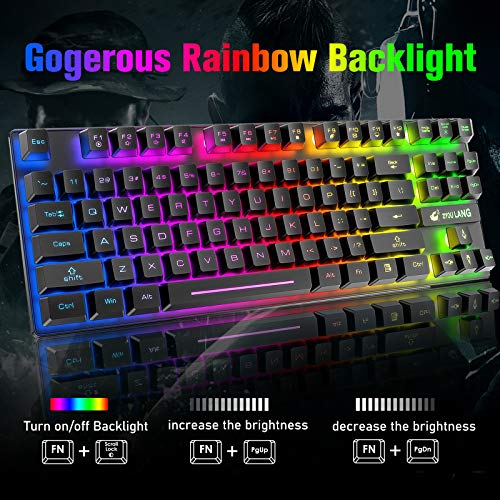 Wireless Gaming Keyboard and Mouse Combo with 87 Key Rainbow LED Backlight Rechargeable 3800mAh Battery Mechanical Feel Anti-ghosting Ergonomic Waterproof RGB Mute Mice for Computer PC Gamer (Black)