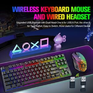 Wireless Gaming Keyboard and Mouse Combo with 87 Key Rainbow LED Backlight Rechargeable 3800mAh Battery Mechanical Feel Anti-ghosting Ergonomic Waterproof RGB Mute Mice for Computer PC Gamer (Black)