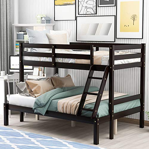 Twin Over Full Bunk Bed with Ladder, Solid Wood Bunk Beds Twin Over Full Size with Guardrail, Twin Over Full Bunk Bed Frame, Can Be Separated Into Twin/Full Size Bed, No Box Spring Needed (Espresso)