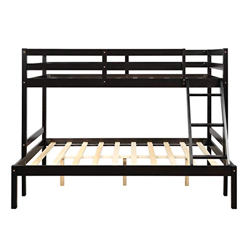 Twin Over Full Bunk Bed with Ladder, Solid Wood Bunk Beds Twin Over Full Size with Guardrail, Twin Over Full Bunk Bed Frame, Can Be Separated Into Twin/Full Size Bed, No Box Spring Needed (Espresso)