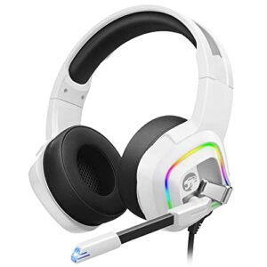 ziumier z66 white gaming headset with microphone, wired over-ear headphone for pc ps4 ps5 xbox one controller, rgb led light, bass surround sound
