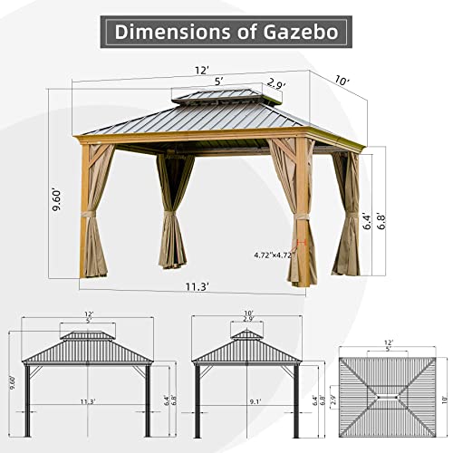 Domi Outdoor Living 10’x12’ Hardtop Gazebo, Wooden Coated Aluminum Frame Canopy with Galvanized Steel Double Roof, Outdoor Permanent Metal Pavilion with Curtains and Netting for Patio, Deck and Lawn