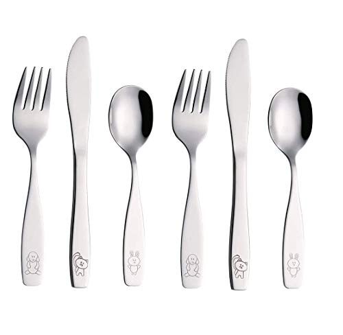 ANNOVA Children's Flatware 6 Pieces Set - Stainless Steel Cutlery/Silverware 2 x Safe Forks, 2 x Dinner Knife, 2 x Dinner Spoon - Safe Kids Toddler Utensils Lunch Box (Engraved Dog Cat Bunny)