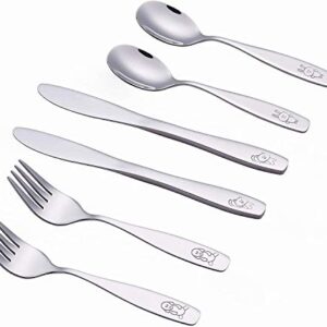 ANNOVA Children's Flatware 6 Pieces Set - Stainless Steel Cutlery/Silverware 2 x Safe Forks, 2 x Dinner Knife, 2 x Dinner Spoon - Safe Kids Toddler Utensils Lunch Box (Engraved Dog Cat Bunny)