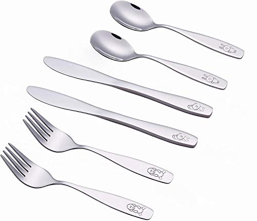 ANNOVA Children's Flatware 6 Pieces Set - Stainless Steel Cutlery/Silverware 2 x Safe Forks, 2 x Dinner Knife, 2 x Dinner Spoon - Safe Kids Toddler Utensils Lunch Box (Engraved Dog Cat Bunny)