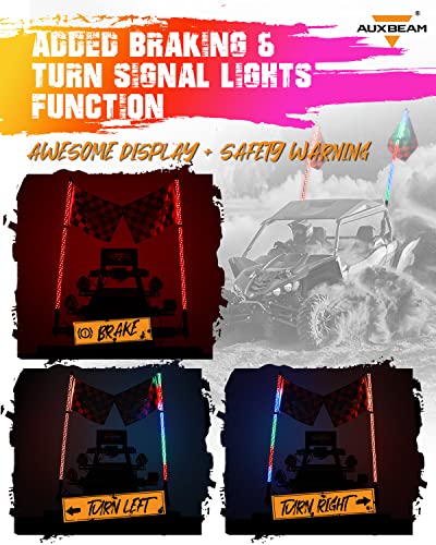 Auxbeam 8 Pods RGB LED Rock Lights + 3FT RGB LED Lighted Whips w/Brake & Turn Signal Light 2Pcs, Bluetooth Multicolor Neon Accent Lights for ATV UTV SUV Trucks Boat