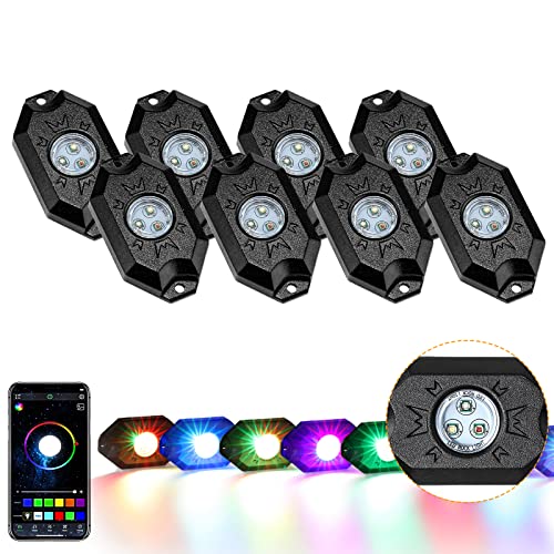 Auxbeam 8 Pods RGB LED Rock Lights + 3FT RGB LED Lighted Whips w/Brake & Turn Signal Light 2Pcs, Bluetooth Multicolor Neon Accent Lights for ATV UTV SUV Trucks Boat