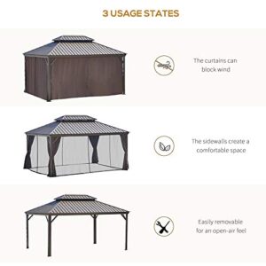Outsunny 12' x 16' Hardtop Gazebo Canopy with Galvanized Steel Double Roof, Aluminum Frame, Permanent Pavilion Outdoor Gazebo with Netting and Curtains for Patio, Garden, Backyard, Deck, Lawn, Brown