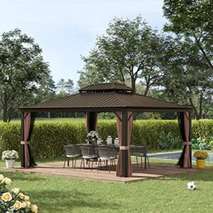 Outsunny 12' x 16' Hardtop Gazebo Canopy with Galvanized Steel Double Roof, Aluminum Frame, Permanent Pavilion Outdoor Gazebo with Netting and Curtains for Patio, Garden, Backyard, Deck, Lawn, Brown