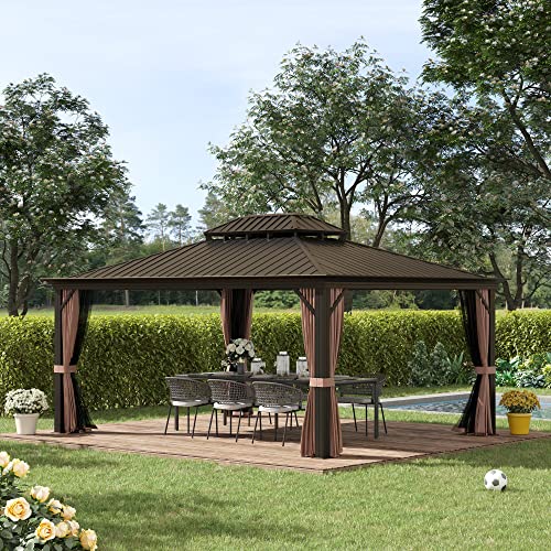 Outsunny 12' x 16' Hardtop Gazebo Canopy with Galvanized Steel Double Roof, Aluminum Frame, Permanent Pavilion Outdoor Gazebo with Netting and Curtains for Patio, Garden, Backyard, Deck, Lawn, Brown