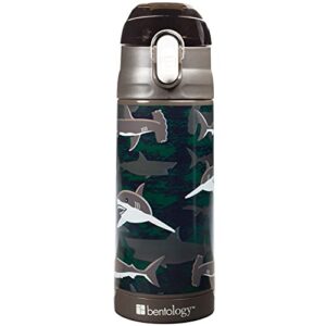 bentology stainless steel 13 oz shark insulated water bottle for boys - easy to use for kids - reusable spill proof bpa-free, fits in most lunch boxes & bags, use for summer camp, back to school