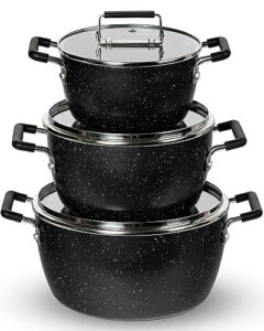 granitestone 6 pc stackable pot set, nesting non stick pots with lids, cooking pots set, stock pot set with 1.5/3 / 5 qt pots with lids, induction cookware, dishwasher safe, non toxic - black