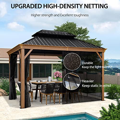 PURPLE LEAF 10' X 12' Outdoor Hardtop Gazebo for Patio Galvanized Steel Double Roof Permanent Canopy Teak Finish Coated Aluminum Frame Pavilion Gazebo with Netting