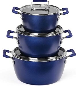granitestone 6 pc stackable pot set, nesting non stick pots with lids, cooking pots set, stock pot set with 1.5/3 / 5 qt pots with lids, induction cookware, dishwasher safe, non toxic - blue