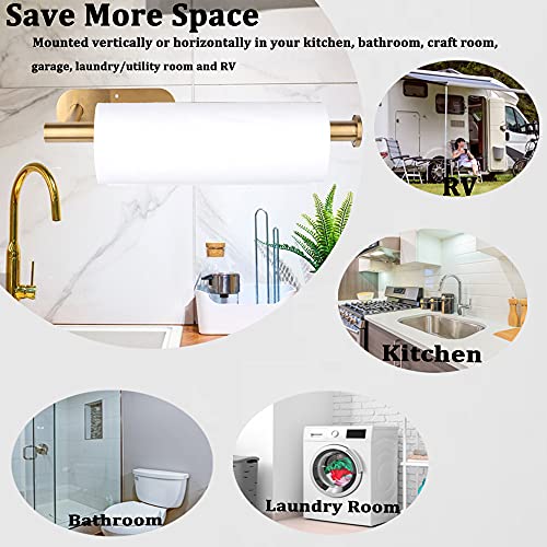 Gold Paper Towel Holder Under Cabinet Mount Wall Kitchen Countertop Paper Towel Rack with Adhesive and Screws, Stainless Steel Resistant Corrosion & Rust