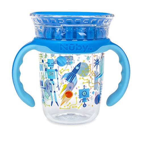 Nuby 360 Edge 2 Stage Drinking Rim Cup with Removable Handles & hygienic Cover: 8 Oz/ 240 Ml, 12M+, Robot, Blue (80815)