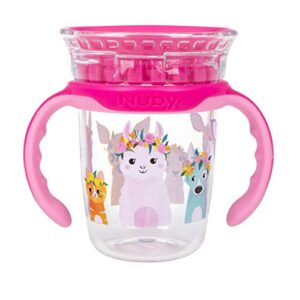 nuby 360 edge 2 stage drinking rim cup with removable handles & hygienic cover: 8 oz/ 240 ml, 12m+, flower crowns, pink (80819)