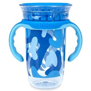 Nuby 360 Edge 2 Stage Drinking Rim Cup with Removable Handles & hygienic Cover: 10 Oz/ 300 Ml, 12M+, Camo, Blue (80807)
