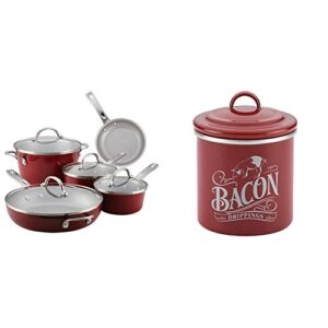 ayesha curry home collection nonstick cookware pots and pans set, 9 piece, sienna red & ayesha curry enamel on steel bacon grease can/bacon grease container - 4 inch, red