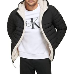 calvin klein men's hooded down jacket quilted coat sherpa lined, black stretch, medium