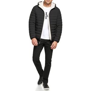 Calvin Klein Men's Hooded Down Jacket Quilted Coat Sherpa Lined, Black Stretch, Medium