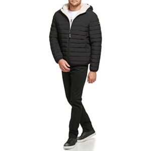 Calvin Klein Men's Hooded Down Jacket Quilted Coat Sherpa Lined, Black Stretch, Medium