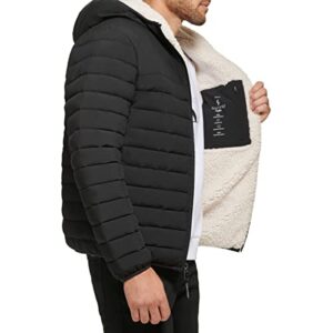 Calvin Klein Men's Hooded Down Jacket Quilted Coat Sherpa Lined, Black Stretch, Medium