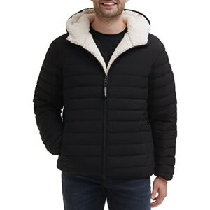 Calvin Klein Men's Hooded Down Jacket Quilted Coat Sherpa Lined, Black Stretch, Medium