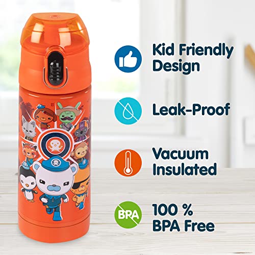 Octonauts Above & Beyond Orange Stainless Steel 13 oz Insulated Water Bottle for Kids - Spill Proof Lid, Easy to Use, Reusable - Keep Liquids Hot/Cold For Hours -Perfect for Travel, School, On-The-Go