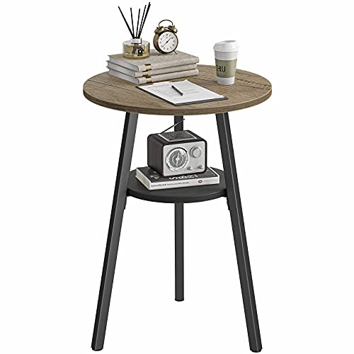 CubiCubi Round End Table, Side Table with Wooden Shelves, 2-Tier Rustic Vintage Table for Living Room Bedroom, Metal Frames and Wooden Boards, Greige