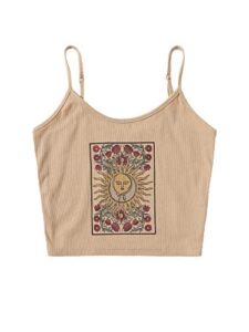 soly hux women's spaghetti strap floral sun graphic print ribbed knit crop cami top khaki m