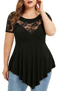 chvity women summer elegant blouses o-neck short sleeve lace tunics for summer shirt tops 1x black