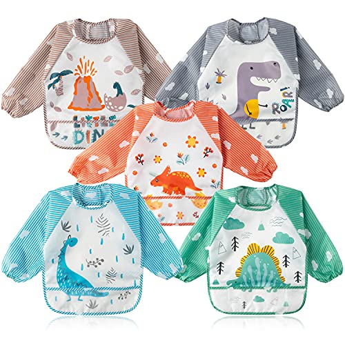 2ooya 5PCS Long Sleeved Baby Bibs Dinosaur Pattern Feeding Bibs Infant Toddler Kids Waterproof Long Sleeved Bibs with Pockets Cloth Stain & Odor Resistant Toddler Bibs for Babies Toddlers, 9-48Months