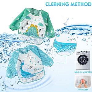 2ooya 5PCS Long Sleeved Baby Bibs Dinosaur Pattern Feeding Bibs Infant Toddler Kids Waterproof Long Sleeved Bibs with Pockets Cloth Stain & Odor Resistant Toddler Bibs for Babies Toddlers, 9-48Months