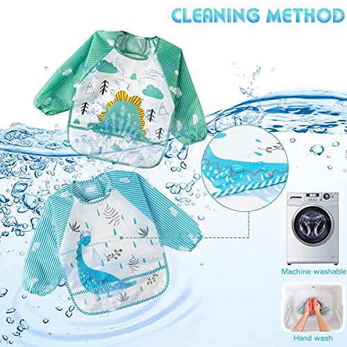 2ooya 5PCS Long Sleeved Baby Bibs Dinosaur Pattern Feeding Bibs Infant Toddler Kids Waterproof Long Sleeved Bibs with Pockets Cloth Stain & Odor Resistant Toddler Bibs for Babies Toddlers, 9-48Months