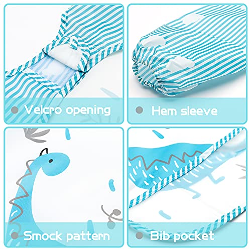 2ooya 5PCS Long Sleeved Baby Bibs Dinosaur Pattern Feeding Bibs Infant Toddler Kids Waterproof Long Sleeved Bibs with Pockets Cloth Stain & Odor Resistant Toddler Bibs for Babies Toddlers, 9-48Months