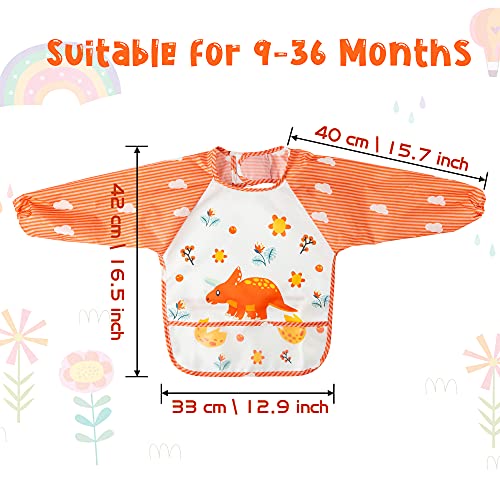 2ooya 5PCS Long Sleeved Baby Bibs Dinosaur Pattern Feeding Bibs Infant Toddler Kids Waterproof Long Sleeved Bibs with Pockets Cloth Stain & Odor Resistant Toddler Bibs for Babies Toddlers, 9-48Months