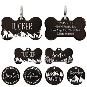 ultra joys stainless steel pet id tag dog name tags personalized front and back engraving, customized dog tags and cat tags, optional engraved on both sides, bone tag with mountain design, small