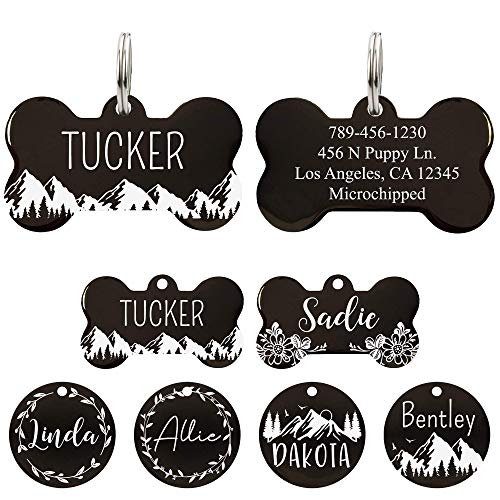 Ultra Joys Stainless Steel Pet ID Tag Dog Name Tags Personalized Front and Back Engraving, Customized Dog Tags and Cat Tags, Optional Engraved on Both Sides, Bone Tag with Mountain Design, Small