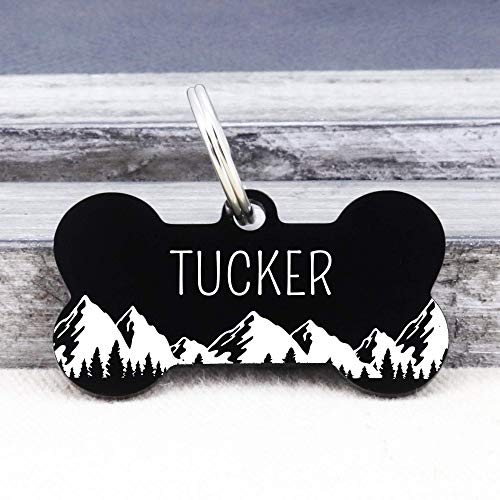 Ultra Joys Stainless Steel Pet ID Tag Dog Name Tags Personalized Front and Back Engraving, Customized Dog Tags and Cat Tags, Optional Engraved on Both Sides, Bone Tag with Mountain Design, Small