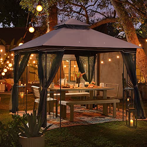 ECOTOUGE Outdoor Gazebo 10x10 for Patios, Double Waterproof Soft-top Canopy, Garden Tent with Netting for Party, Backyard, Chocolate