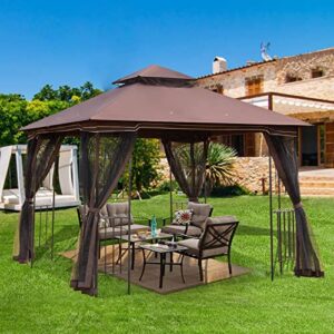 ECOTOUGE Outdoor Gazebo 10x10 for Patios, Double Waterproof Soft-top Canopy, Garden Tent with Netting for Party, Backyard, Chocolate