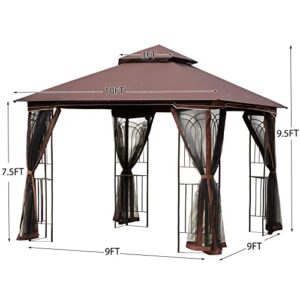 ECOTOUGE Outdoor Gazebo 10x10 for Patios, Double Waterproof Soft-top Canopy, Garden Tent with Netting for Party, Backyard, Chocolate