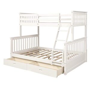 josn twin-over-full bunk bed with ladders and two storage drawers, full size bunk bed with ladder and safety rails, for kids, teens, adults (white)